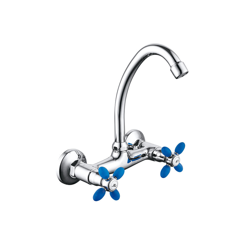 TPM-621109-High quality full copper thickened cold and hot water horizontal blue-two hand wheel kitchen faucet